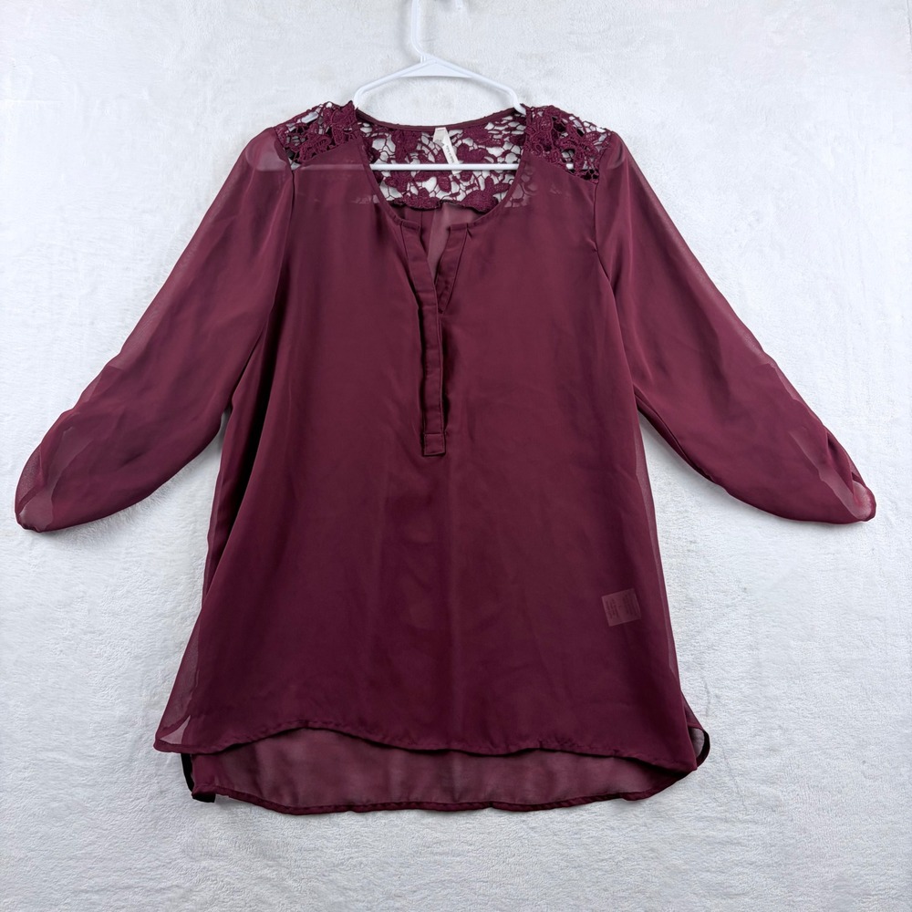 Truth NYC Burgundy Sheer Blouse Lace Shoulder Boho Peasant Top Women's L